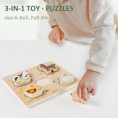 PairPear Educational Toys Set 3 in 1 - Wooden Toys Shape Sorter Cubes - Activity Stacking Toys - Animal Todder Puzzles - Classic Learning Toys Gift for Baby 1 Year Old and Up.