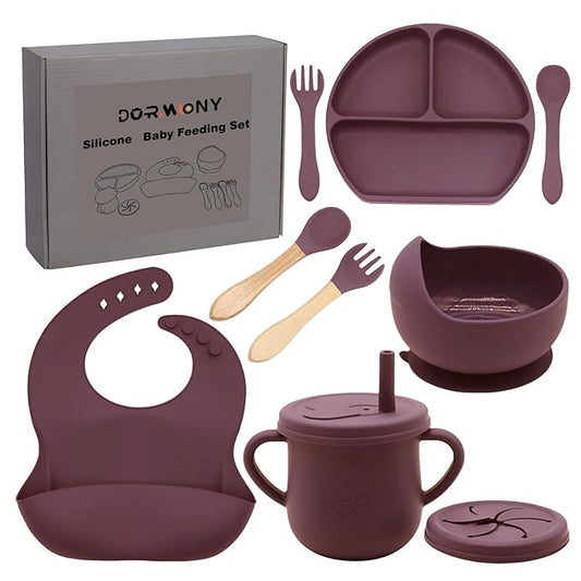 100% Silicone Baby Feeding Set,BPA Free Baby Dishes Set with Suction Bowl Divided Plate,Toddler Self Feeding Dish Set with Spoons Forks Sippy Cup and Bib, Baby Eating Utensils(Dark Red)