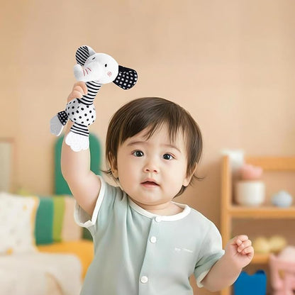 Black & White Elephant Baby Toys 0-12 Months - Plush Sensory Rattle with Teether, Wind Chime, BB Squeaker & Embroidery for Visual, Hearing & Cognitive Development