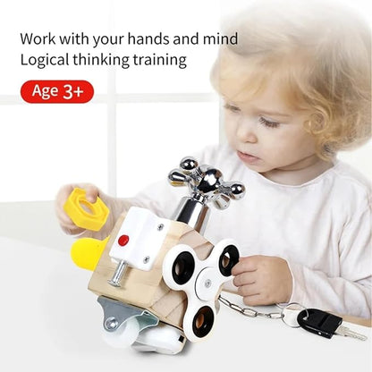 Montessori Toys Busy Cube for Toddlers，Wooden Busy Board Activity Cube，Autism and ADHD Sensory Toys Fidget Cube，Educational Learning Travel Toys for Toddlers 3-5