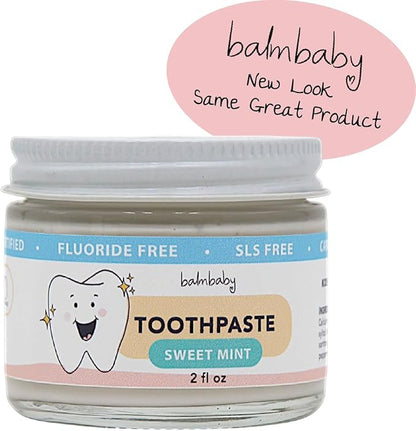 Kids All Natural Fluoride Free Toothpaste by Balm Baby Brand – SLS Free Toothpaste with Xylitol, Vegan, Gluten Free, BPA Free, Glass Jar Zero Waste Children’s Teeth Paste (2PK Mint)