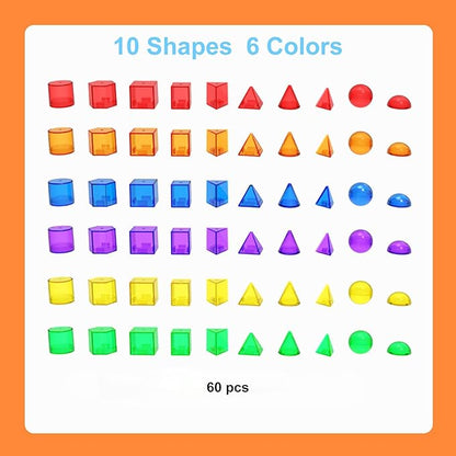 3D Geometric Solids 60 Pcs for Kids Translucent Geometric Shapes for Geometry Beginnings,Light Table Manipulatives Toy Math Helper School Supplies