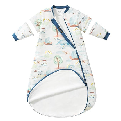 Baby Sleep Sack 18-24 Months, Cotton Detachable Long Sleeve Sleep Sack, 1.0 Tog Toddler Sleeping Sack with Temperature Strips, 2-Way Zipper Wearable Blankets for Newborns, Dinosaur