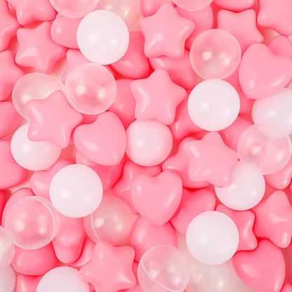 100 Pieces Ball Pit Balls Plastic Colorful Balls for Ball Pit Five Pointed Star Heart Round Ocean Soft Ball 2.17 Inch for Baby Kid Playpen Friendship Party Decoration(Pink White Clear)