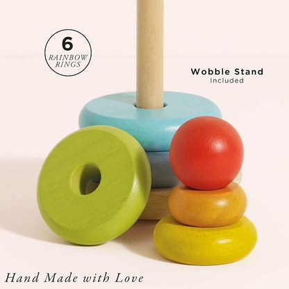 Le Toy Van – Wooden Rainbow Stacker | Girl & Boy 7 Piece Rainbow Wobbling Ring Stacker – Suitable for 18+ Months