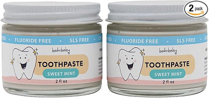 Kids All Natural Fluoride Free Toothpaste by Balm Baby Brand – SLS Free Toothpaste with Xylitol, Vegan, Gluten Free, BPA Free, Glass Jar Zero Waste Children’s Teeth Paste (2PK Mint)