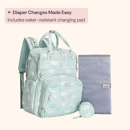 BabbleRoo Diaper Bag Backpack - Baby Essentials, Travel Essentials Baby Bag with Changing Pad, Stroller Straps & Pacifier Case - Unisex, Green Birdy