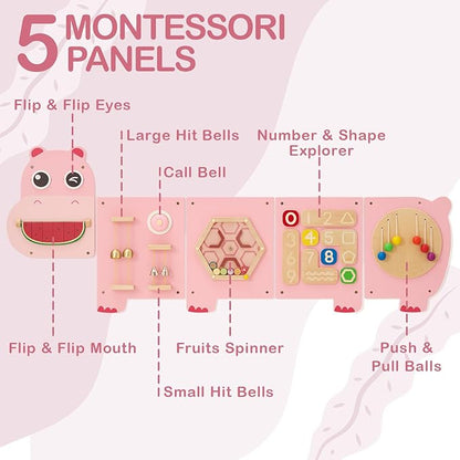 Monläurd® Hippo Montessori Educational Activity Cube, Sensory Wall Toys for Daycare and Playroom Furniture, Interactive Wooden Learning Toys for Boys and Girls 6M+