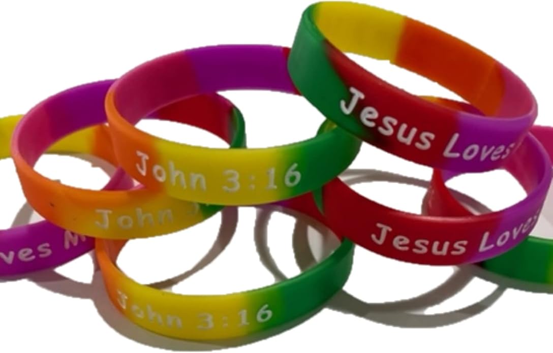 100 Bulk Count Jesus Loves Me John 3:16 Silicone Wristband Bracelets - Church Gifts - Missionary Christian - Religious Handouts