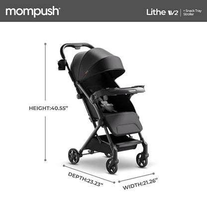 Mompush Lithe V2 Lightweight Travel Stroller, Compact Foldable Baby Stroller with Travel Bag, One-Hand Fold Stroller, Snack Tray, Mechanical Recline Seat, Airplane-Ready, UPF 50+ Canopy & Rain Cover