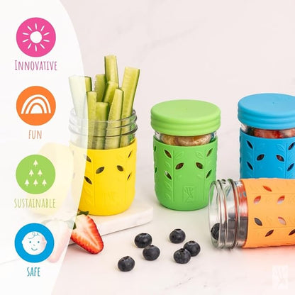 Elk and Friends Kids & Toddler Cups | The Original Glass Mason jars 8 oz with Silicone Sleeves & Silicone Straws with Stoppers | Smoothie Cups | Spill Proof Sippy Cups for Toddlers | 4 Pack