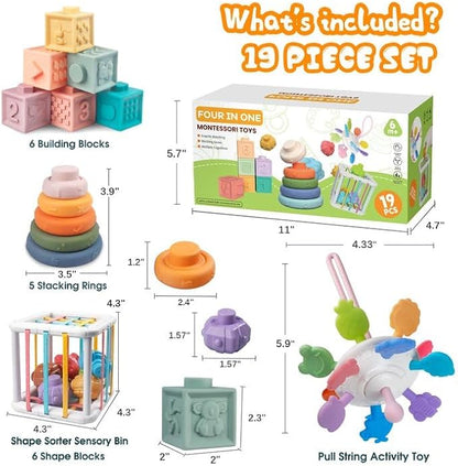 4-in-1 Baby Toys for 6-12 Months, Montessori Soft Stacking Blocks for Babies, Infants Teething Toys, Sensory Balls and Educational Learning Set for Toddlers (Boys & Girls)