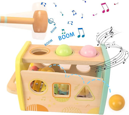 Hammering Pounding Toys Wooden Educational Toy Xylophone Shape Sorter, Birthday Gift for 1 2 3 Years Boys Girls Baby Toddler Kids Developmental Montessori Learning Toy (Yellow)