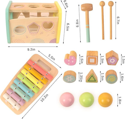 Hammering Pounding Toys Wooden Educational Toy Xylophone Shape Sorter, Birthday Gift for 1 2 3 Years Boys Girls Baby Toddler Kids Developmental Montessori Learning Toy (Yellow)