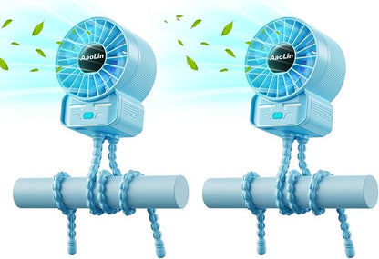 2 Pack Multifunctional Portable Stroller Fan 4 Speed 6600rpm High Speed Usb Rechargeable Personal Mini Handheld Fan Extended Tripod for Desktop Winding Kids Bed Treadmill Bike Golf Cart Outdoor Travel