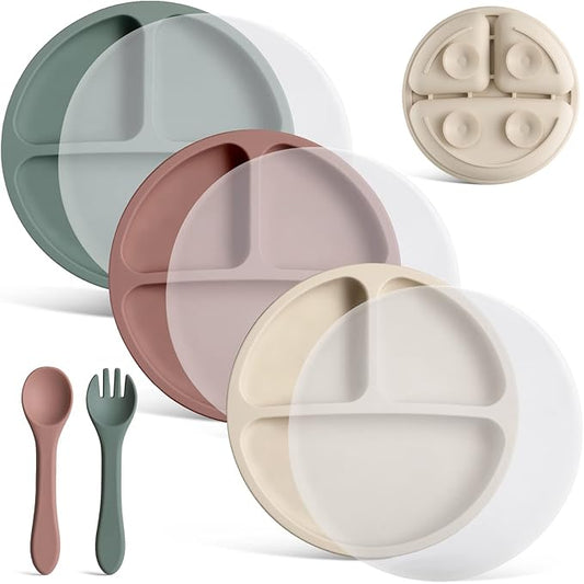 3 Pack Suction Plates with Lids and Utensils for Babies & Toddlers, 100% Food-Grade Silicone, Divided Design, Microwave & Dishwasher Safe