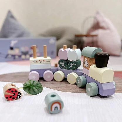 Wooden Stacking Train Toy Set,Wooden Building Blocks Train with Shape Sorter Early Learning Gift for Toddlers Boys Girls 12 Months and up