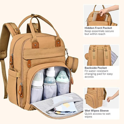 BabbleRoo Diaper Bag Backpack - Baby Essentials Travel Tote - Multi function Waterproof Diaper Bag, Travel Essentials Baby Bag with Changing Pad, Stroller Straps & Pacifier Case - Unisex, Beige