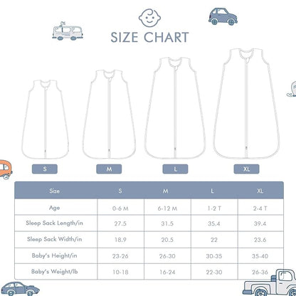 Baby Sleep Sack 0-6 Months Wearable Blanket for Babies 100% Organic Cotton 2-Way Zipper YKK 0.5 TOG Toddler Sleeping Sacks Cars