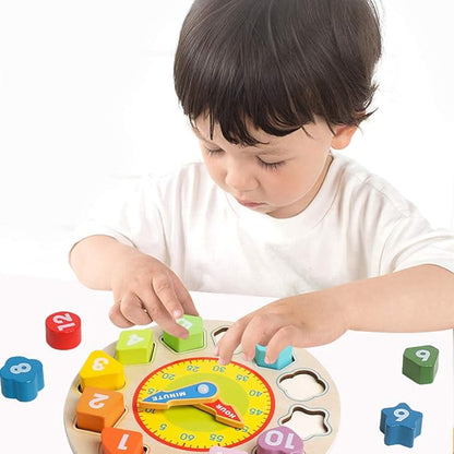 Skrtuan Wooden Shape Color Sorting Clock- Teaching Time Number Blocks Clock Shape Sorting Puzzle Montessori Early Learning Educational Toy Gift for 1 2 3 Year Old Toddler Baby Kids