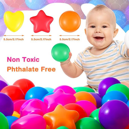 100 Pieces Ball Pit Balls for Kids Star Heart Shape Plastic Balls for Toddler Playpen 2.17'' Play Toy Ball for Crawl Tunnel Inflatable Pool Birthday Party Decoration