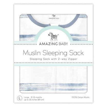 Amazing Baby Cotton Muslin Sleeping Sack, for Baby Boy or Girl, Wearable Blanket with 2-Way Zipper, Watercolor Stripes, Denim, Medium (6-12 Month)