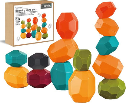 Jumbo Balancing Stones Toy Set, Polyhedral Plastic Stacking Rocks Educational Creative Preschool Arts Learning Sensory Building Blocks Puzzle Toy for Toddler
