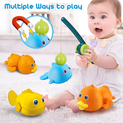 Dwi Dowellin Bath Toys for Toddlers, Magnetic Fishing Games Kids Bathtub Toys, Mold Free Wind-up Toys Swimming Fish Duck Whale Floating Water Toys for Kids Baby Infant