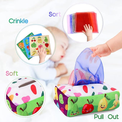 Baby Toys 6 to 12 Months - Tissue Box Toy Montessori for Babies 6-12 Months, Soft Stuffed High Contrast Crinkle Infant Sensory Toys, Boys&Girls Kids Early Learning Gifts