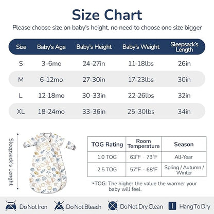 Baby Sleep Sack 18-24 Months, Cotton Detachable Long Sleeve Sleep Sack, 1.0 Tog Toddler Sleeping Sack with Temperature Strips, 2-Way Zipper Wearable Blankets for Newborns, Ocean