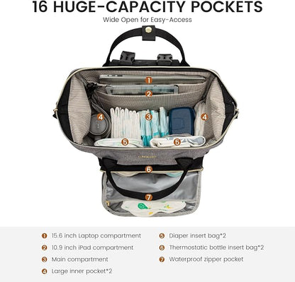 LOVEVOOK Diaper Bag Backpack, Baby Bag with Changing Station, Large Diaper Backpack for Mom Dads, Waterproof Leather Mommy Bag for Boy and Girl, Travel Essential Baby Shower, Black-Grey