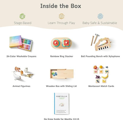 Fortella Montessori Toys for 1 Year Old, 6-in-1 Wooden Learning Educational Box Set with Ball Pounding Bench, Xylophone, Stacking Ring, Animal Figurines, Matching Cards, Developmental Toy Baby Gift