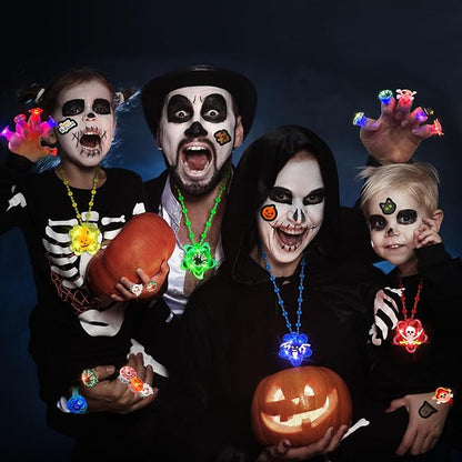 100 PCS Halloween Party Favors for Kids, Halloween Glow in the Dark Toys Rotating Spin Light Up Necklaces, LED Rings Bracelets Balls Decorations, Halloween Trick or Treats Classroom Goodie Bag Fillers