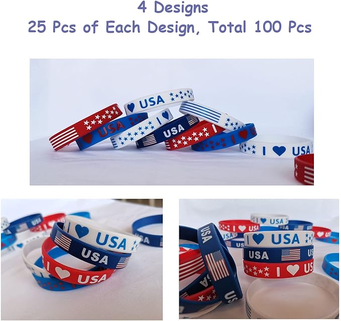 100Pcs American Flag Silicone Bracelets, Election Fourth 4th of July Party Accessories USA Veterans Day Memorial Day Patriotic Party Red White and Blue Wristband Party Favors School Gifts
