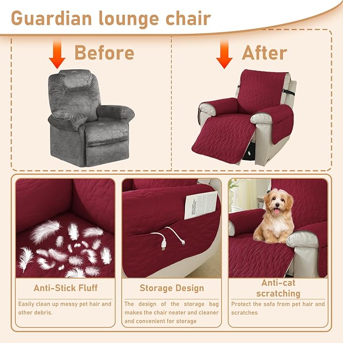 100% Waterproof Recliner Chair Covers for Reclining Chair, Small Recliner Covers That Stay in Place, Non-Slip Recliner Armchair Cover with Pockets for Kids, Pets, Dogs, Cat, Washable,Red,28IN