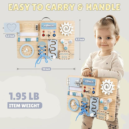 Joyreal Busy Board Montessori Toys with LED Lights, Autism Sensory Travel Toys, Fidget Board Ideal Gift for Boys Girls Wooden Toddler Toys