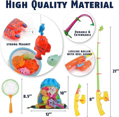 CozyBomB™ Magnetic Fishing Toys Game Set for Kids | Water Table Bathtub Kiddie Pool Party & Pole Rod Net, Plastic Floating Fish Toddler Color Ocean Sea Animals Birthday Age 3 4 5 6 Year