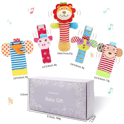 BLOOBLOOMAX Wrist Rattles Foot Finder Rattle Toy for 0-4 Months Baby, Feet Leg Ankle Socks Arm Hand Bracelet Shaker for 4-8 Months Infant boy & Girl, Gift Set for 0-1 Years Newborn Babies (5 pcs-B)