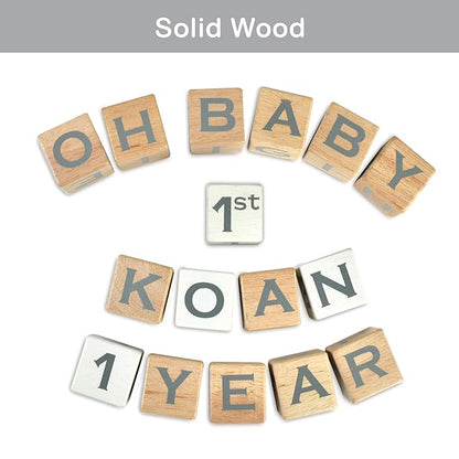 I'm Solid Wood Baby ABC Alphabet Milestone Age Blocks, Personalized Own Name, Gender Neutral, Newborn Gifts & Keepsakes for Picture Props (1.4" / 16 Pcs/Grey)