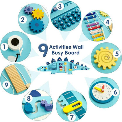 Beright Dinosaur Activity Wall Busy Board Panels, Montessori Sensory Toys, Toddler Learning Activity Center, Perfect for Toddler Playroom & Children's Daycare, Blue
