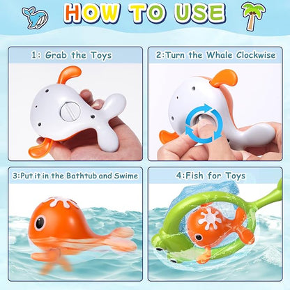 Baby Bath Toys Set, Wind Up Pool Toys for Toddlers 1-3, Kids Magnetic Fishing Toys with 1 Fishing Rod & 1 Net & 4 Brightly Colored Whales, Boys and Girls Birthday Gifts