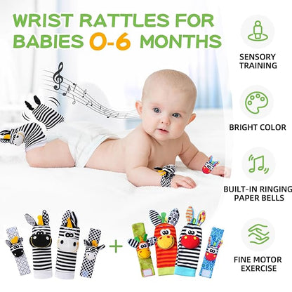 Baby Toys 0-6 Months,High Contrast Baby Toys for Newborn, 8 Pcs, Animal Wrist & Foot Rattles Socks Set, Sensory Rattle Toys for 0-12 Months, Babies Boy Girl Gifts