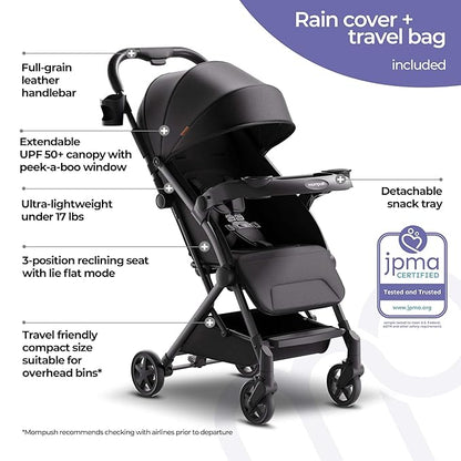 Mompush Lithe V2 Lightweight Travel Stroller, Compact Foldable Baby Stroller with Travel Bag, One-Hand Fold Stroller, Snack Tray, Mechanical Recline Seat, Airplane-Ready, Organizer & Rain Cover