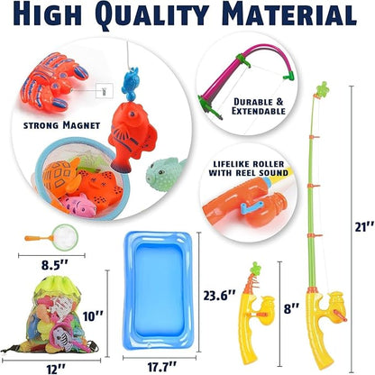 CozyBomB™ Magnetic Fishing Toys Game Set for Kids | Water Table Bathtub Kiddie Pool Party & Pole Rod Net, Plastic Floating Fish Toddler Color Ocean Sea Animals Birthday Age 3 4 5 6 Year