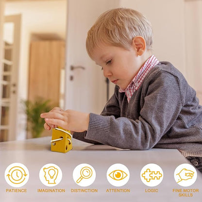 Sealive Early Development Toys Wooden Lacing Toys, Montessori Activity Kids Cheese Toys, Children Learning Educational Wood Block Puzzles Toy for Toddlers Boys Girls (Cheese)