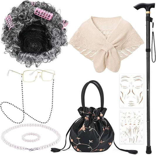 100 Days of School Old Lady Costume Include Wig,Glasses,Necklace,Bracelet,Glasses Chain,Bag,Cane,Shawl and Stickers ﻿