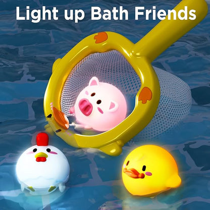 iPlay, iLearn Baby Duck Bath Toy, Toddler Bathtub Suction Water Spinner Gear, Kid Shower Fishing Game W/ Net, Light up Animal, Wind up Swimming Duck, Birthday Gift 6 9 12 Month 1 2 3 Year Old Boy Girl