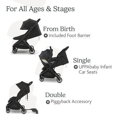 UPPAbaby Minu V3 Travel Stroller | Lightweight + Compact Design | One-Hand Fold + Unfold | from Birth + Overhead Compatible | Savannah (Pearl Gray Mélange/Carbon Frame/Chestnut Leather)