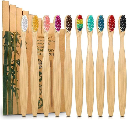 10 Color Soft Bristles Natural Bamboo Toothbrushes Set, Premium BPA Free for Best Clean, Eco-Friendly, Plastic-Free, Vegan, Biodegradable & Compostable Charcoal Wooden