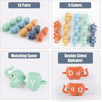 13PCS Elephant Alphabet Learning Toys for Toddlers 2-4, Toddler Preschool Learning Activities, Educational Montessori Toys for 2 Year Old, Double Sided Matching Game A-Z
